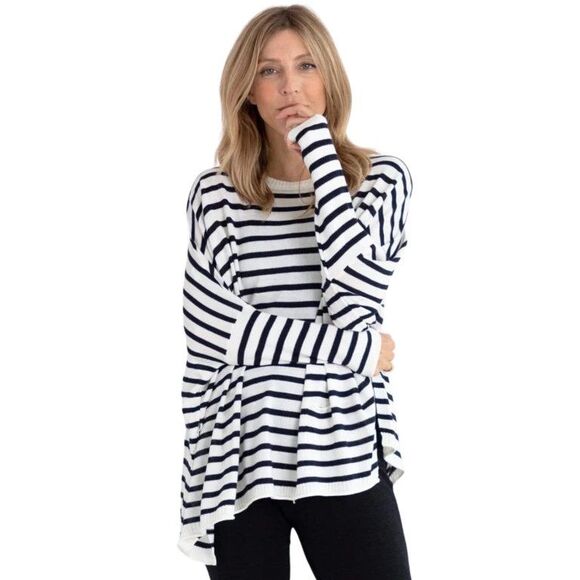 MERSEA Catalina Navy Stripe Crew Neck Travel Sweater OS Nautical Lagenlook Boxy - Picture 1 of 11
